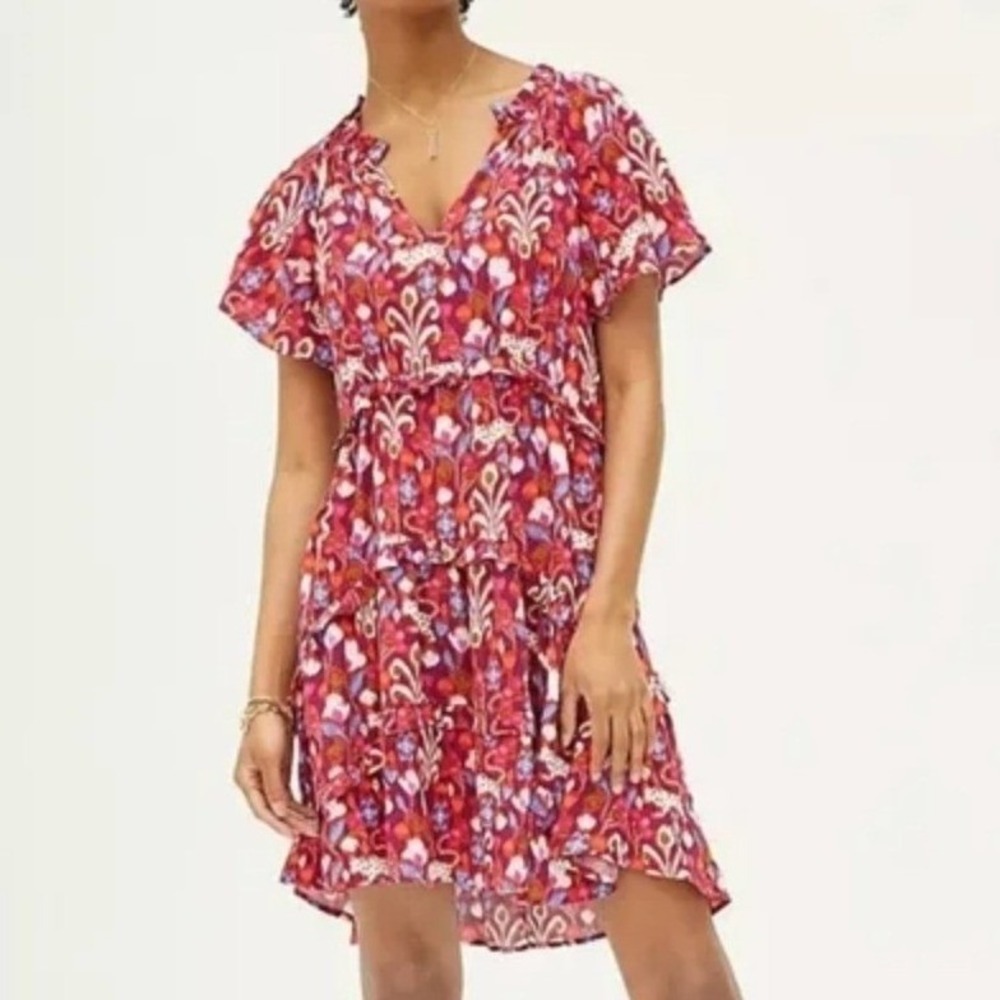 Anthropologie Robin Tiered Mini Dress Size XS Red Floral Ikat Ruffle Boho V Neck